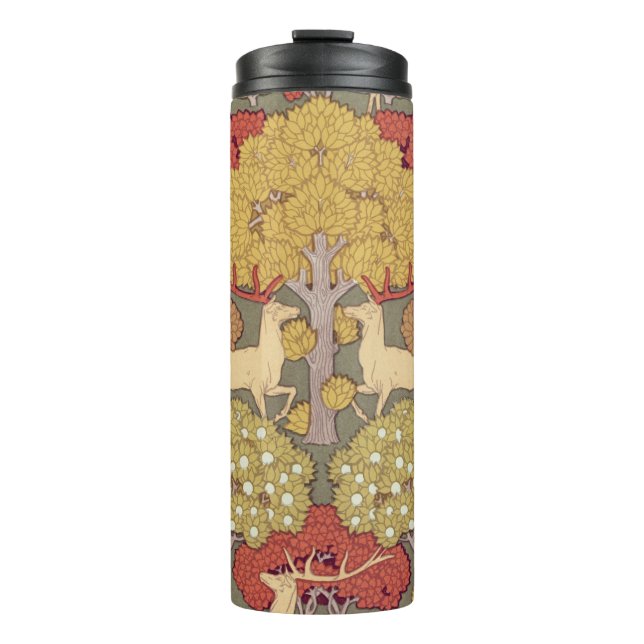 Deer &Tree Squirrel Bird Rowan Berries Art Nouveau Thermosbecher (Vorderseite)