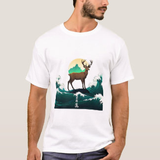 Deer Wave Art - Ukiyo-e Moonlight Design T-Shirt