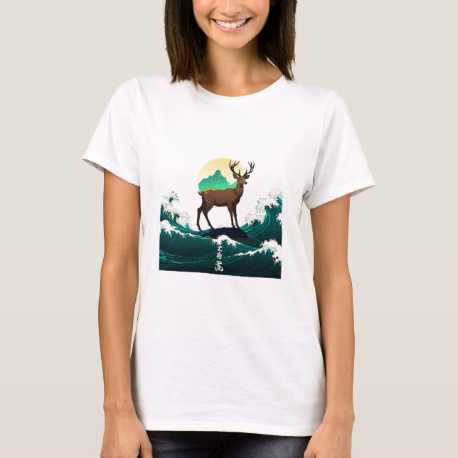 Deer Wave Art - Ukiyo-e Moonlight Design T-Shirt (Vorderseite)