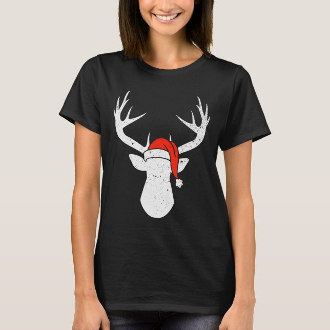 Deer With Santa Hat Christmas Pajama Hunting Gift  T-Shirt (Vorderseite)