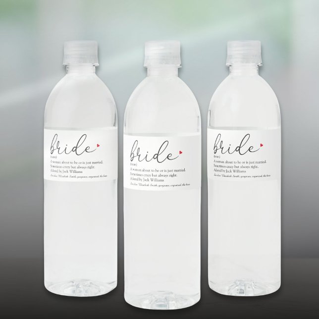 Definition, Brautparty, Hochzeit Wasserflaschenetikett (Script Bride Definition Bridal Shower Wedding Water Bottle Label)