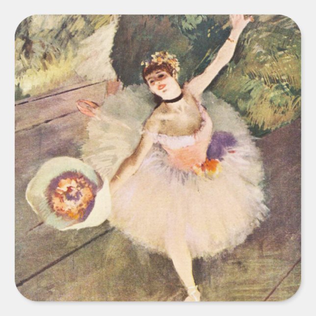 Degas Ballerina mit Bouquet von Blume Quadratischer Aufkleber (Vorderseite)