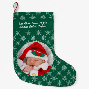Dein Foto Santa Baby Schneeflocke & grüner Hinterg Kleiner Weihnachtsstrumpf
