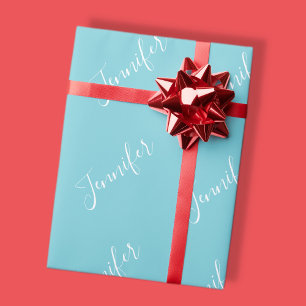 Dein Name Elegante weiße Schrift auf Robin-Ei-Bl Geschenkpapier