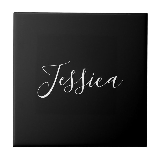 Dein Name | Elegante weiße Schrift auf Schwarz Fliese (Vorderseite)