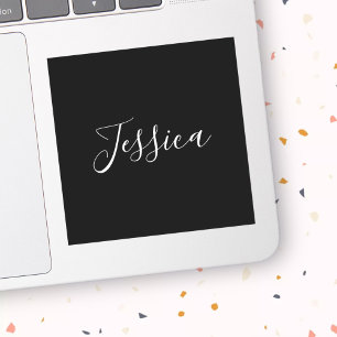 Dein Name   Elegantes weißes Script auf schwarz Aufkleber