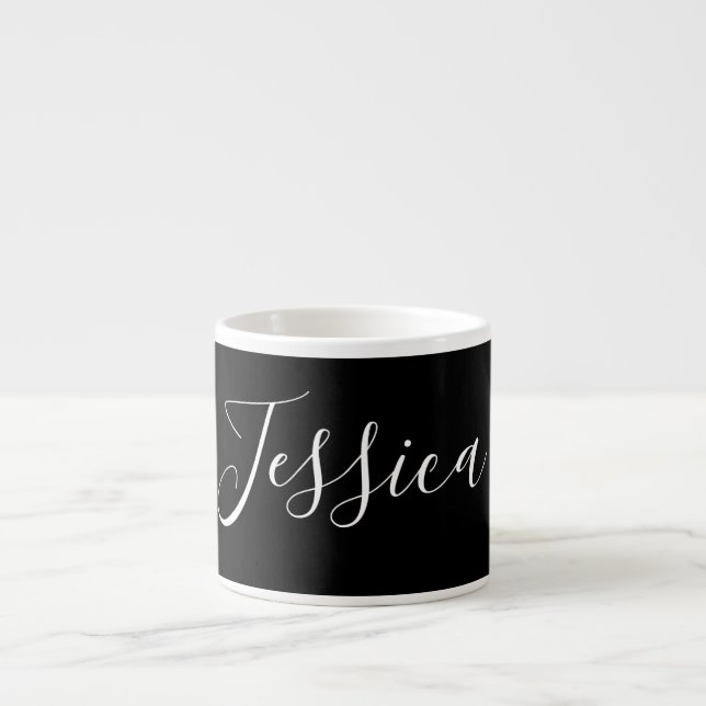 Dein Name | Elegantes weißes Script auf schwarz Espressotasse (Vorderseite)