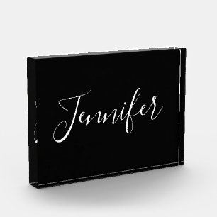 Dein Name Elegantes weißes Script auf schwarz Fotoblock