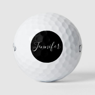 Dein Name   Elegantes weißes Script auf schwarz Golfball
