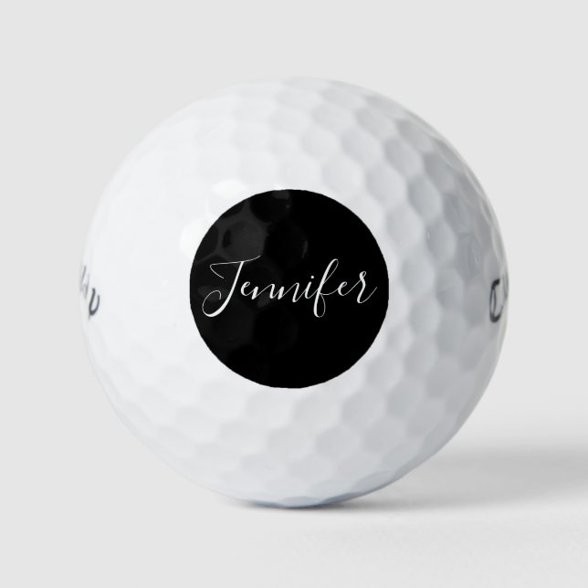 Dein Name | Elegantes weißes Script auf schwarz Golfball (Vorderseite)