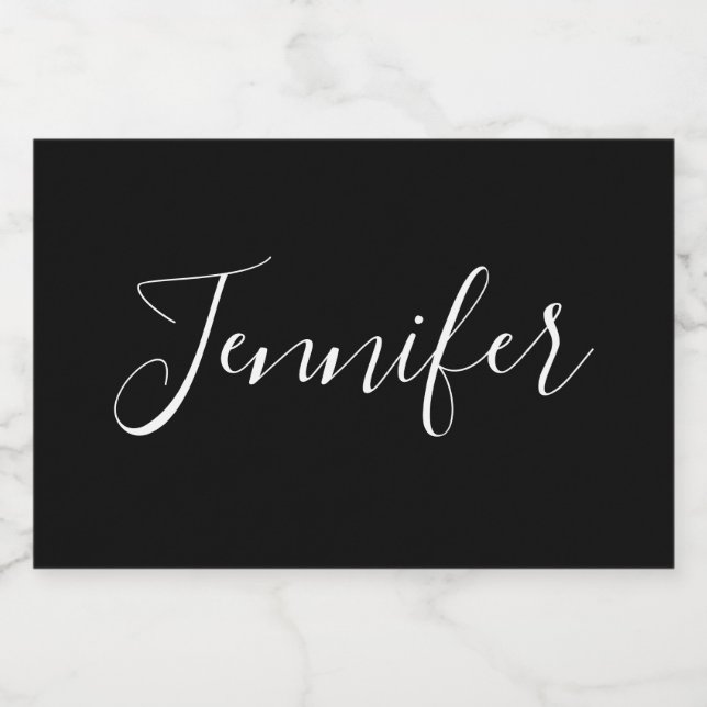 Dein Name | Elegantes weißes Script auf schwarz Lebensmitteletikett (Einzelnes Label)