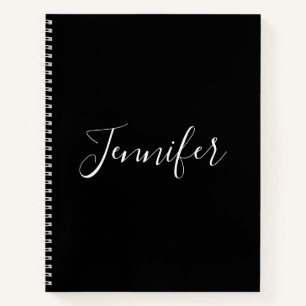 Dein Name   Elegantes weißes Script auf schwarz Notizbuch