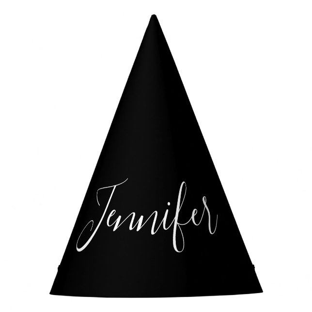 Dein Name | Elegantes weißes Script auf schwarz Partyhütchen (Vorderseite)