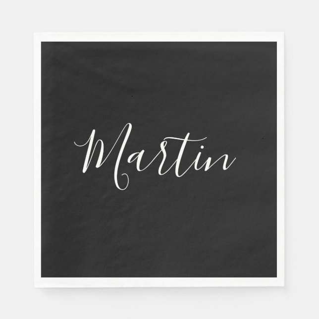 Dein Name | Elegantes weißes Script auf schwarz Serviette (Vorderseite)