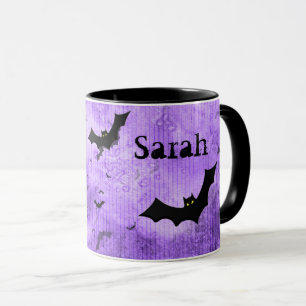 Dein Name: Halloween Bats Lila Grunge BG Tasse