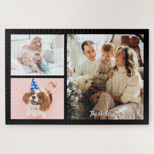 Deine 3 Familienfotos & Schriftname auf Schwarz Puzzle