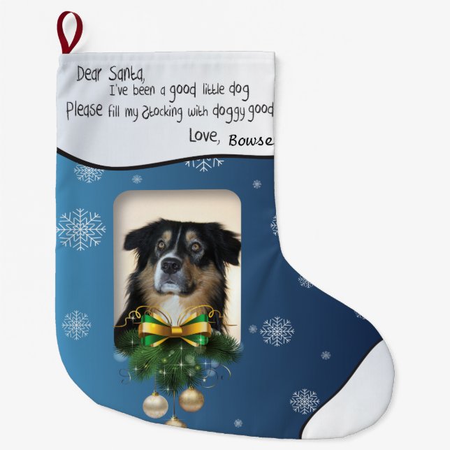 DEINER Hund FOTO Blue Snowflake ich war gut Großer Weihnachtsstrumpf (Vorderseite)