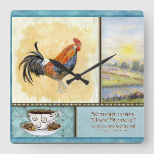 Deja Brew Coffee Cup in Saucer / Rooster Clock Quadratische Wanduhr