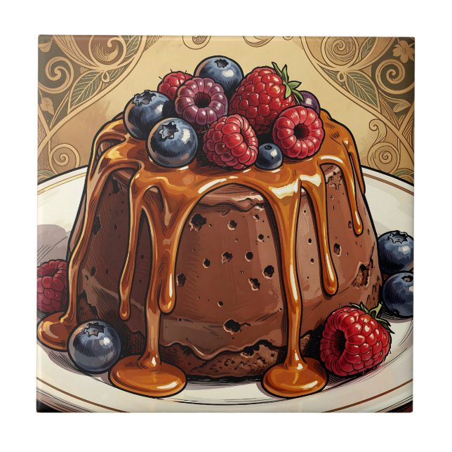Dekadenter Schokoladen-Karamell-Beeren-Kuchen Fliese (Vorderseite)
