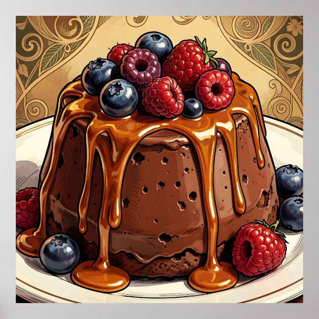 Dekadenter Schokoladen-Karamell-Beeren-Kuchen Poster (Vorne)