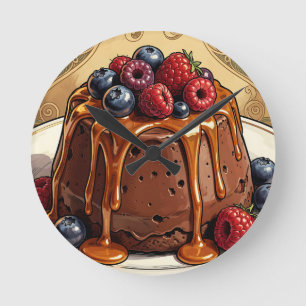 Dekadenter Schokoladen-Karamell-Beeren-Kuchen Runde Wanduhr