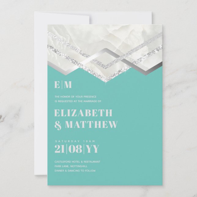 Deko Aquamarin Silver Minimalistisch Typografy Wed (Vorderseite)