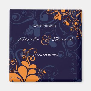 Deko-Blätter-Wirbels-Marine-Blau-Save the Date Magnet