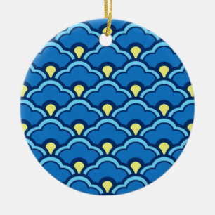 Deko Chinesische Scallops, Ocean Blue und Indigo Keramik Ornament
