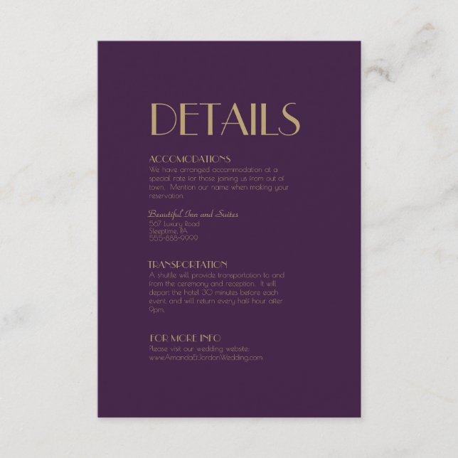 Deko | Dunkle Lila Hochzeitdetails Begleitkarte (Vorderseite)