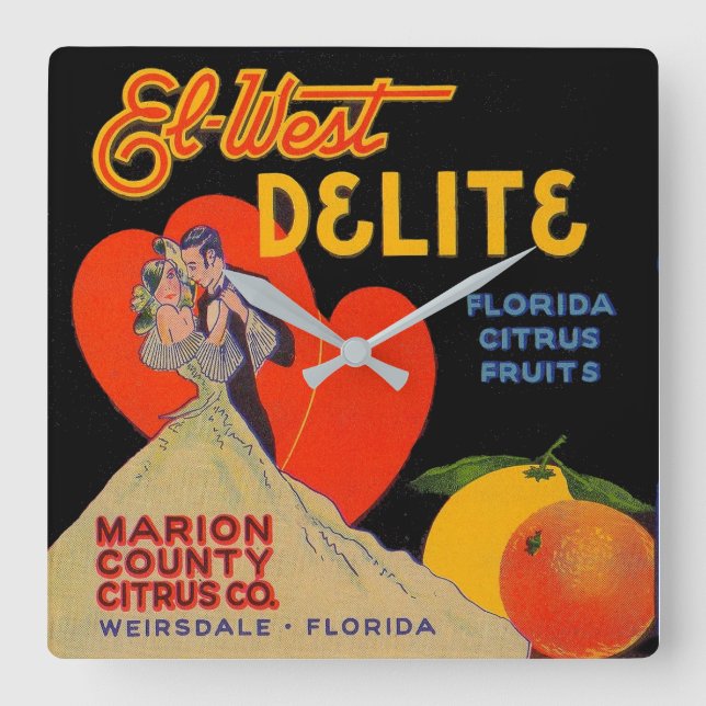 Deko El-West Delite Florida Citrus Fruit 1930 Quadratische Wanduhr (Vorderseite)
