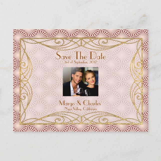 Deko Glam Gold Pink Muschel Save the Date Hochzeit Ankündigungspostkarte (Vorderseite)