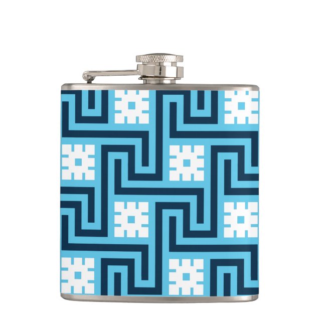 Deko Griechischer Schlüssel, Sky Blue und Navy Flachmann (Vorderseite)