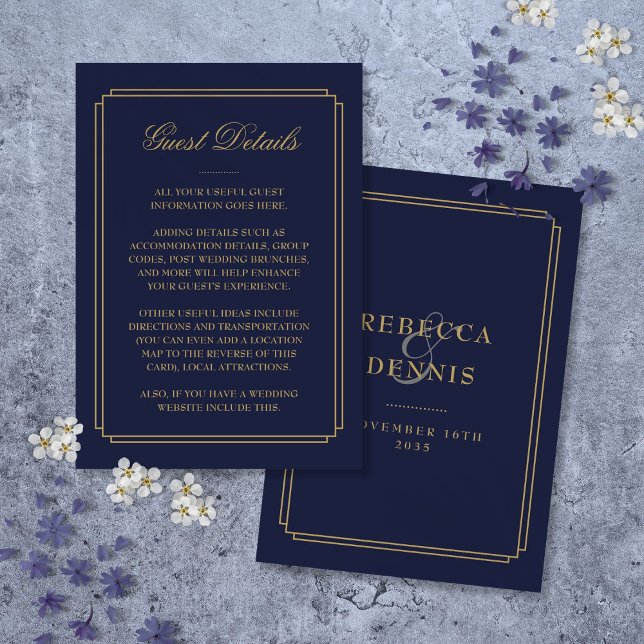 Deko Hochzeiten: Navy Blue und Gold Begleitkarte (Navy Blue And Gold Deco Wedding Guest Details Enclosure Card)