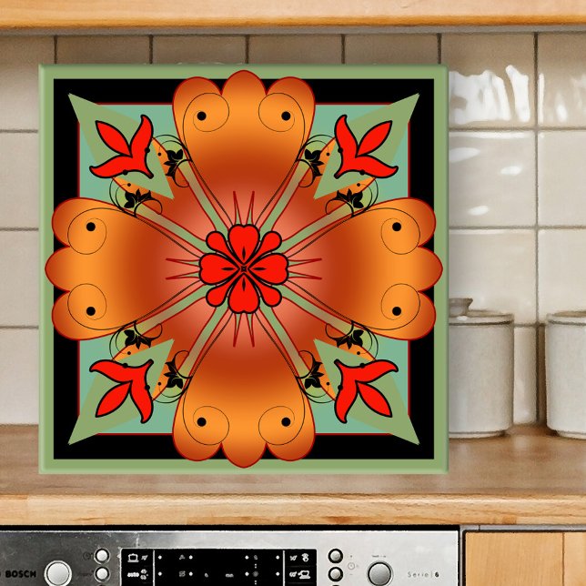 Deko Künstlerische Blumenküche oder Bad Tile Fliese (Colorful abstract floral geometric design kitchen tile in warm burgundy and soft green)