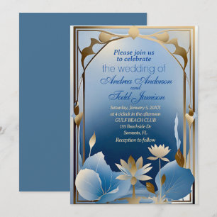 Deko Minimalismus Blau Goldlotus Blume Hochzeit Einladung