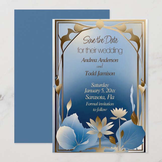 Deko Minimalismus Blaue Goldlotus-Blume Save The Date (Vorne/Hinten)