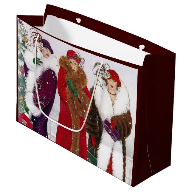 Deko Retro-Jahrgang Weihnachtsfrauen Große Geschenktüte (Vorderseite Schrägansicht)