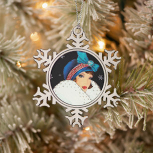 Deko Retro Vintage Dame Schneeflocken Zinn-Ornament