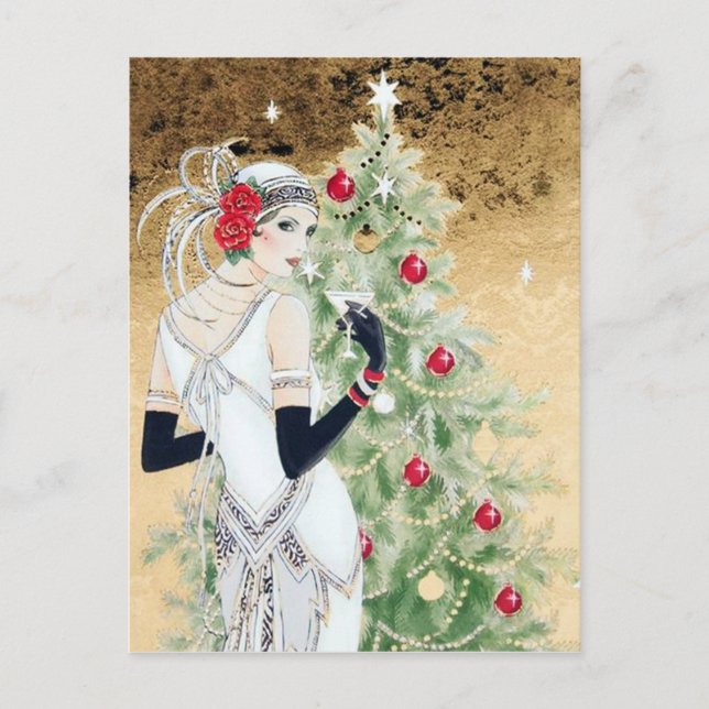 Deko Retro Weihnachtsfrau Feiertagspostkarte (Vorderseite)