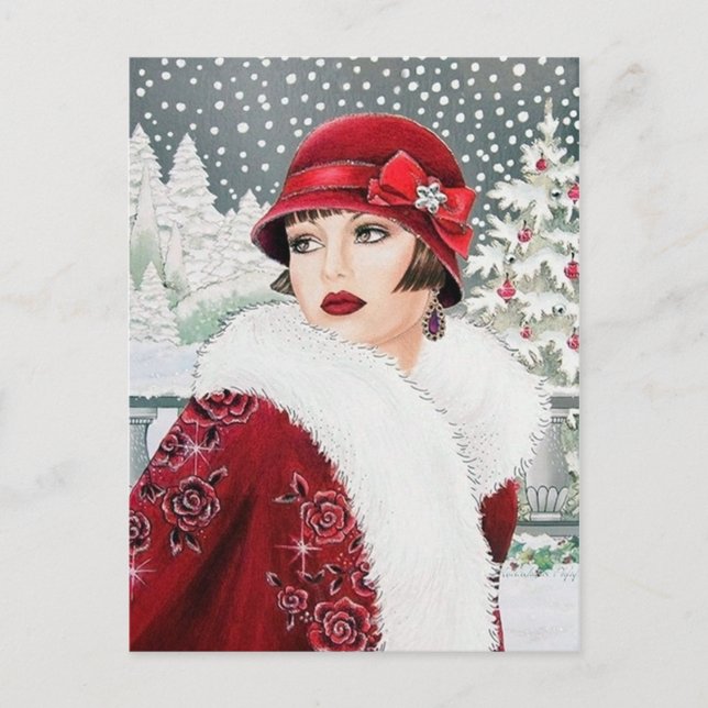 Deko Retro Weihnachtsfrau Feiertagspostkarte (Vorderseite)