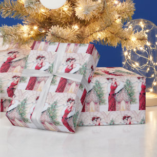Deko Retro Weihnachtsfrau Geschenkpapier