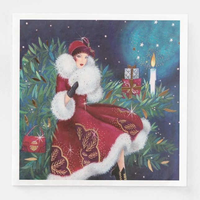 Deko Retro Weihnachtsfrau Serviette (Vorderseite)