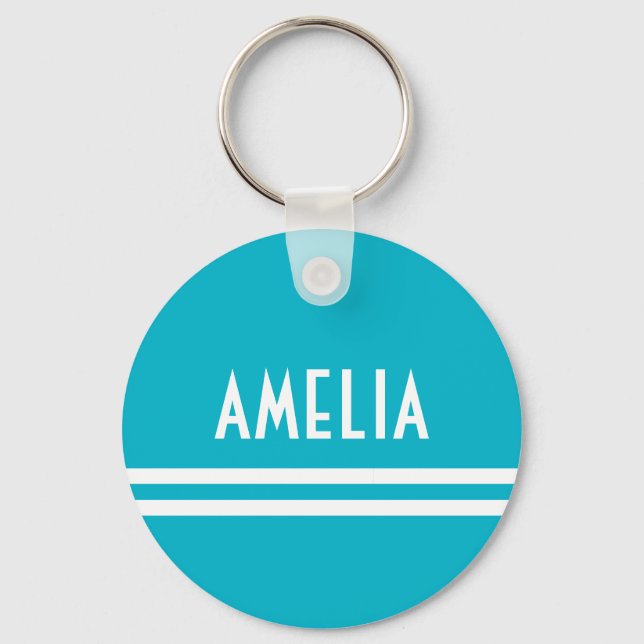 Deko Streifen Name Monogram White Bright Blue Schlüsselanhänger (Vorderseite)