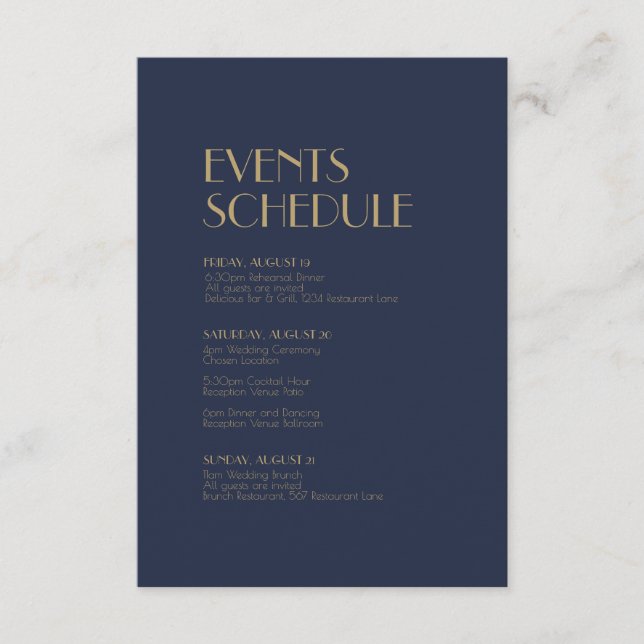Deko | Zeitplan für Hochzeiten der Dunklen Marine Begleitkarte (Vorderseite)