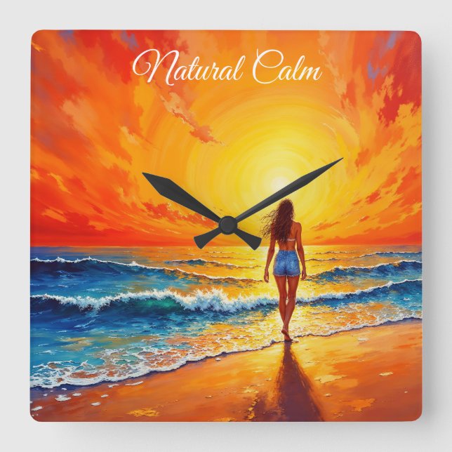 Dekoration des Girl Sunset Beach Quadratische Wanduhr (Vorderseite)