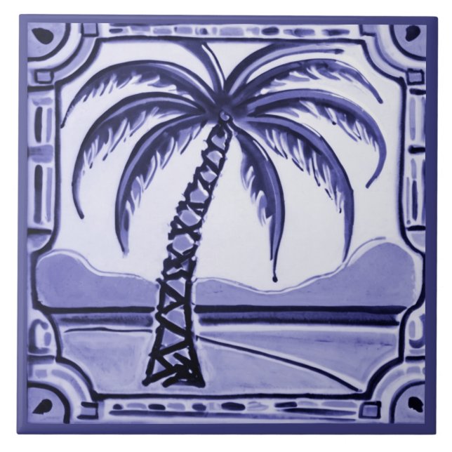 Dekoration des Strandhauses Palm Tree Blau-Weiß Fliese (Vorderseite)