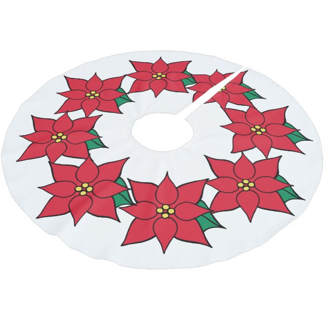 Dekoration von Red Poinsettias Christmas Tree Skir Polyester Weihnachtsbaumdecke (Schrägansicht)