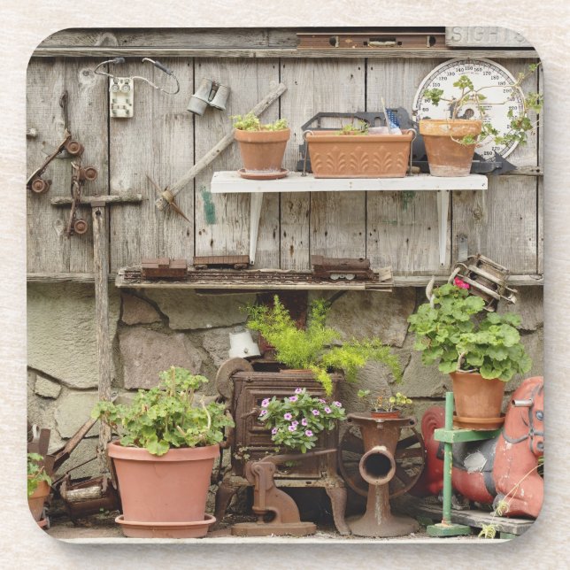 Dekorationen auf Holzzaun, Getränkeuntersetzer (Vorderseite)