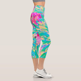 Dekorative Aquamarin Grün und Heiß Rosa Dahlia Blu Capri Leggings