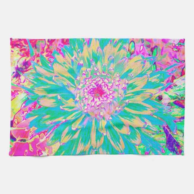 Dekorative Aquamarin Grün und Heiß Rosa Dahlia Blu Geschirrtuch (Horizontal)